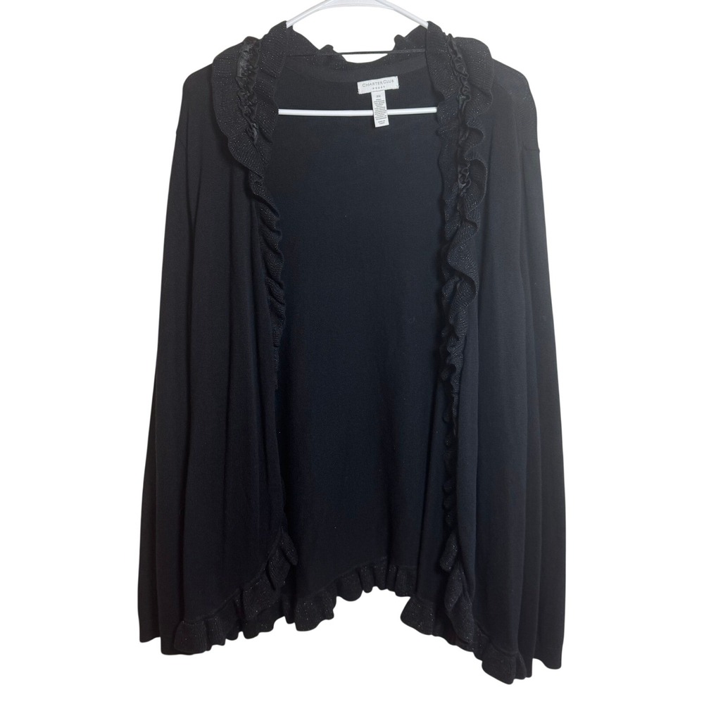 Charter Club Womens 3X Black Wool Blend Ruffle Sparkle Cardigan Sweater